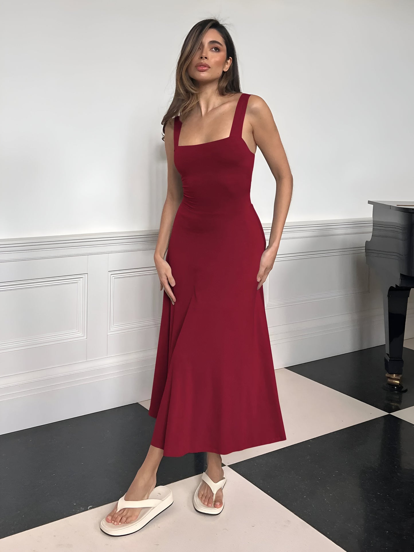 Jasmini | Square Neck Sleeveless A-Line Midi Dress