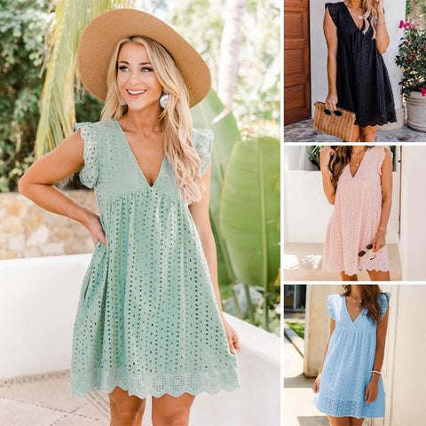 Eduarda | Eyelet V Neck Flutter Sleeve Dress