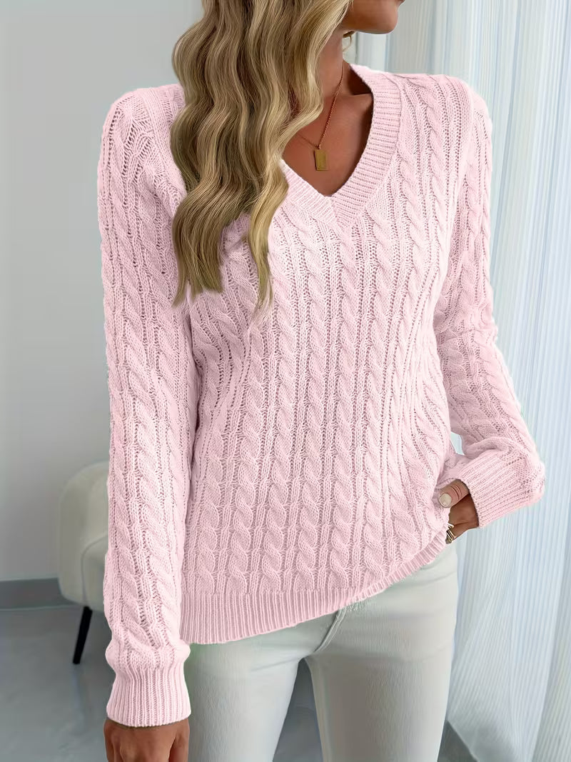 Lenea | Cable Knit V-Neck Long Sleeve Sweater