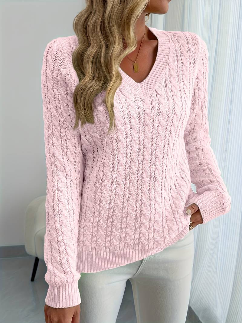 Zivah | Cable Knit V-Neck Long Sleeve Sweater