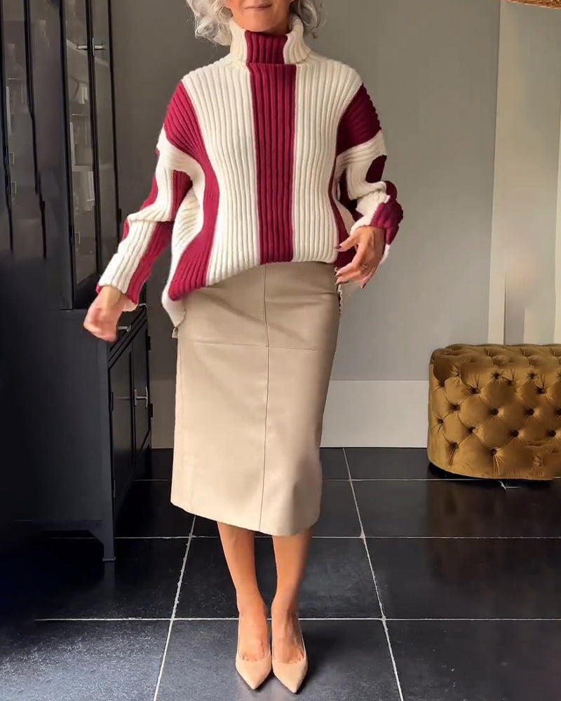 Pauline | Sweater Burgundy White Striped Ribbed Turtleneck