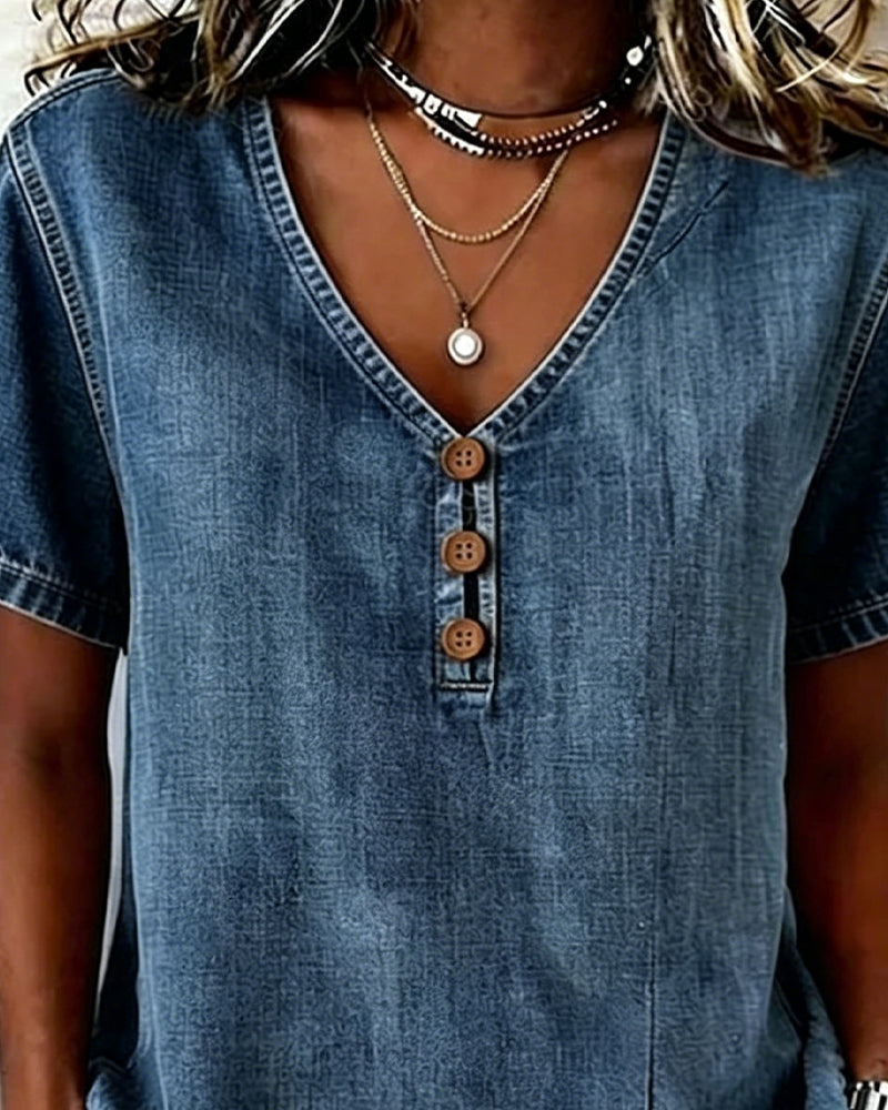 Lyjena - Denim Style V Neck Split Blouse