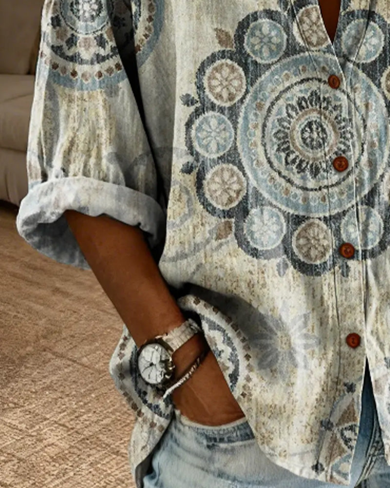 Nirita - Mandala Print Button Front Long Sleeve Shirt