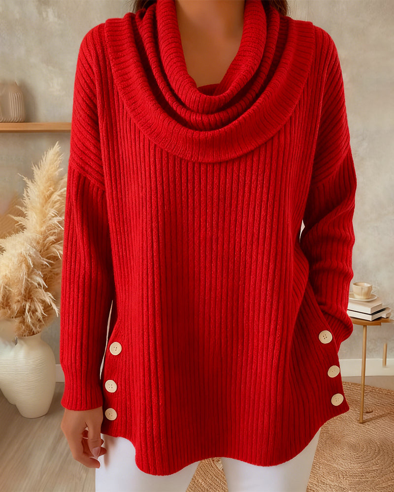Eileen | Sweater Red Cowl Neck Ribbed Button Hem