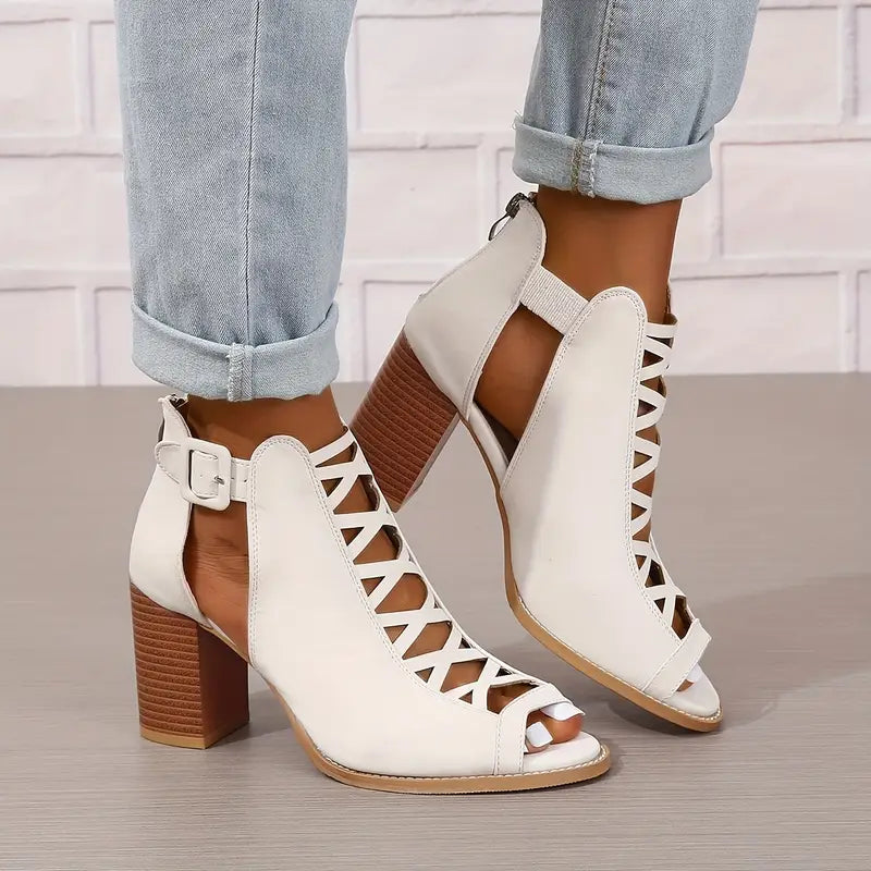 Ruzilya | Peep Toe Lace-Up Chunky Heel Sandals
