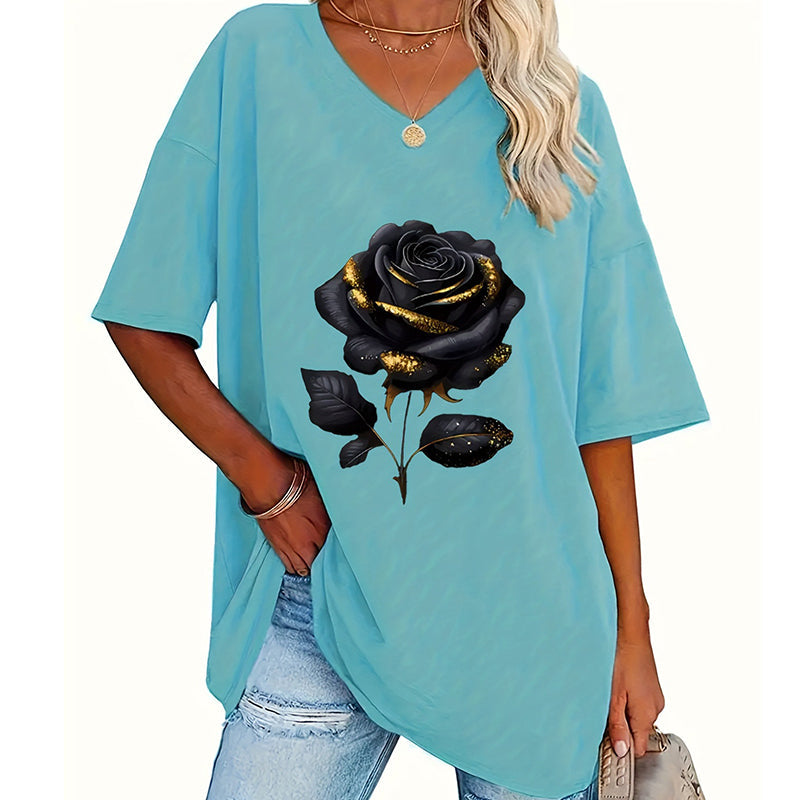 Aijia | T-Shirt Rose Print V-Neck Relaxed Fit