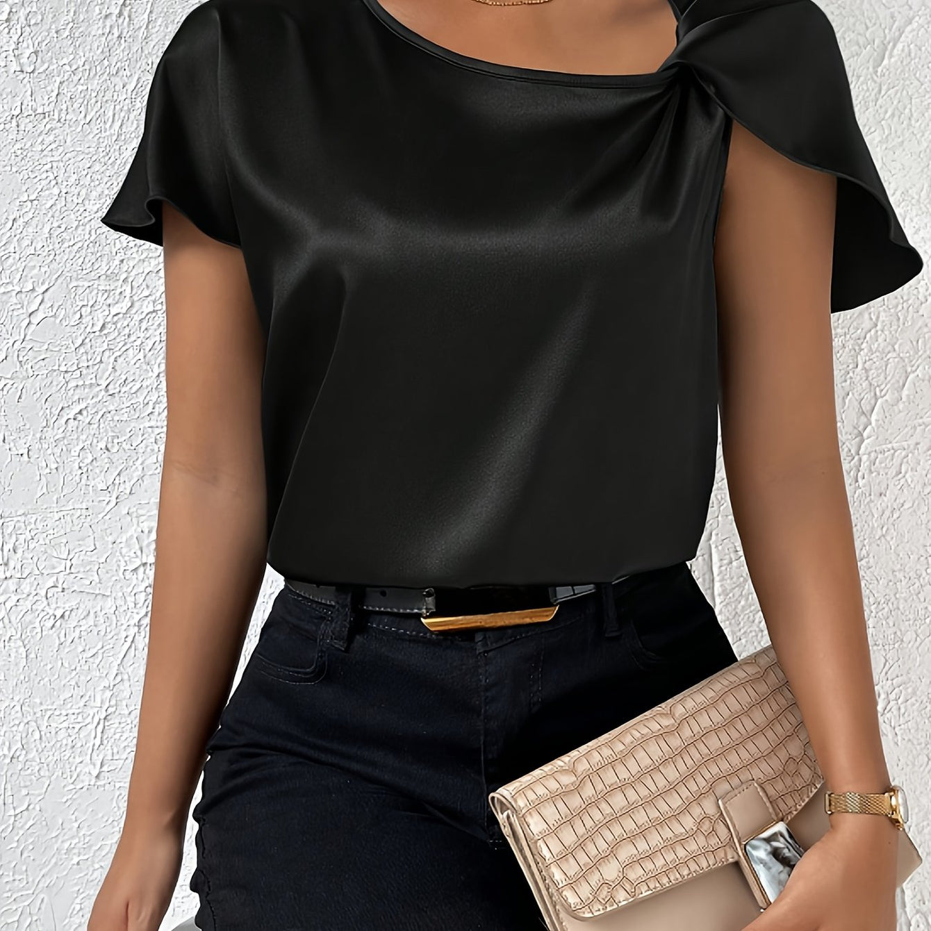 Loretta | Blouse Satin Look Draped Short Sleeve Top