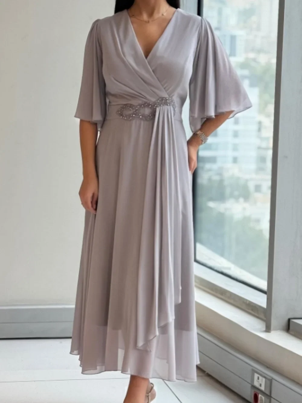 Bhagya - V Neck Flutter Sleeve Chiffon Dress