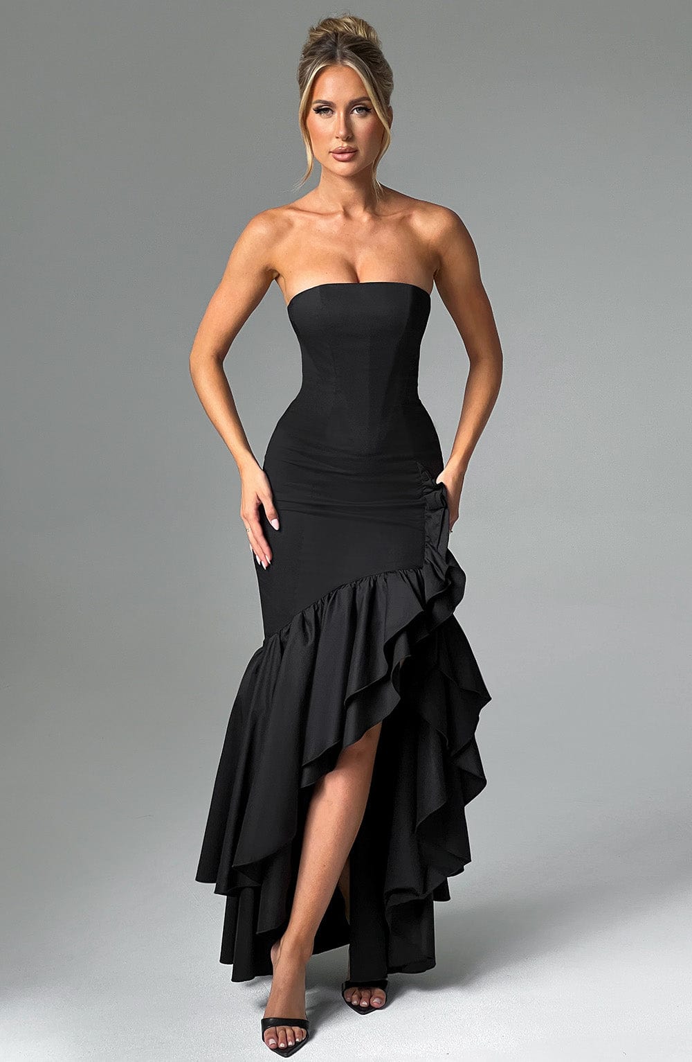 Vasileia | Strapless Ruffle High-Low Maxi Dress