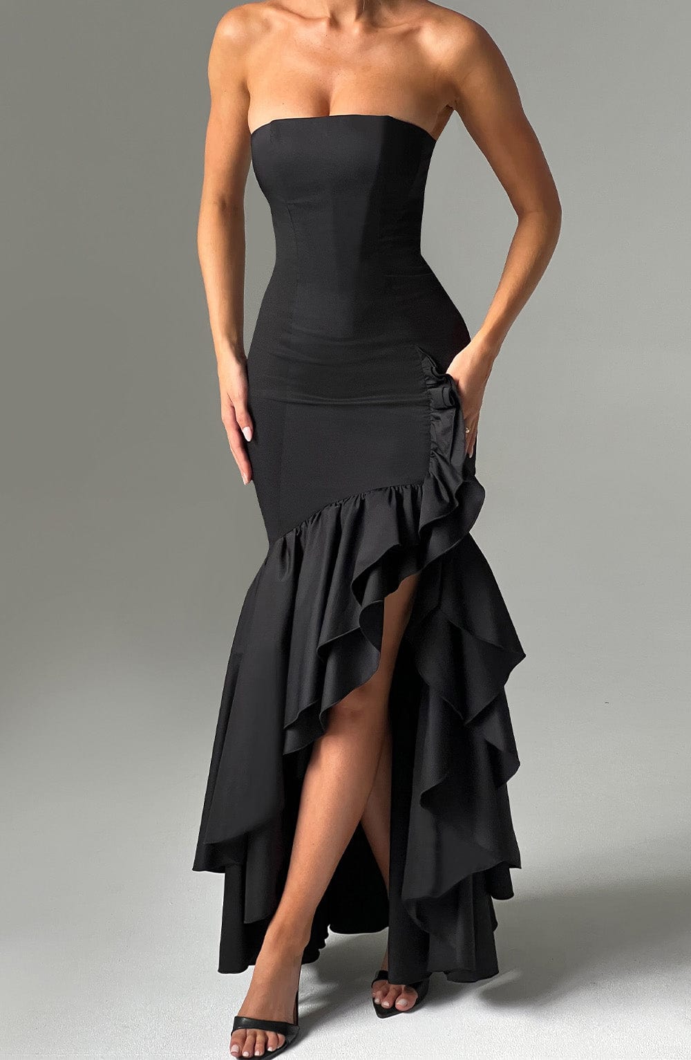 Vasileia | Strapless Ruffle High-Low Maxi Dress