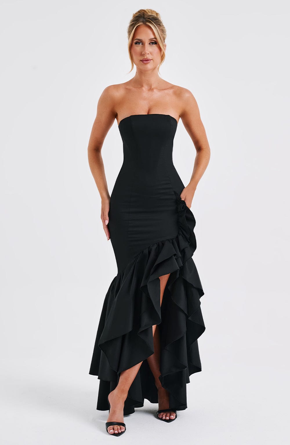 Vasileia | Strapless Ruffle High-Low Maxi Dress