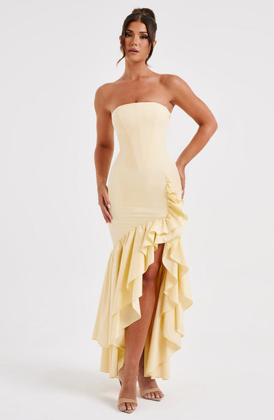 Vasileia | Strapless Ruffle High-Low Maxi Dress