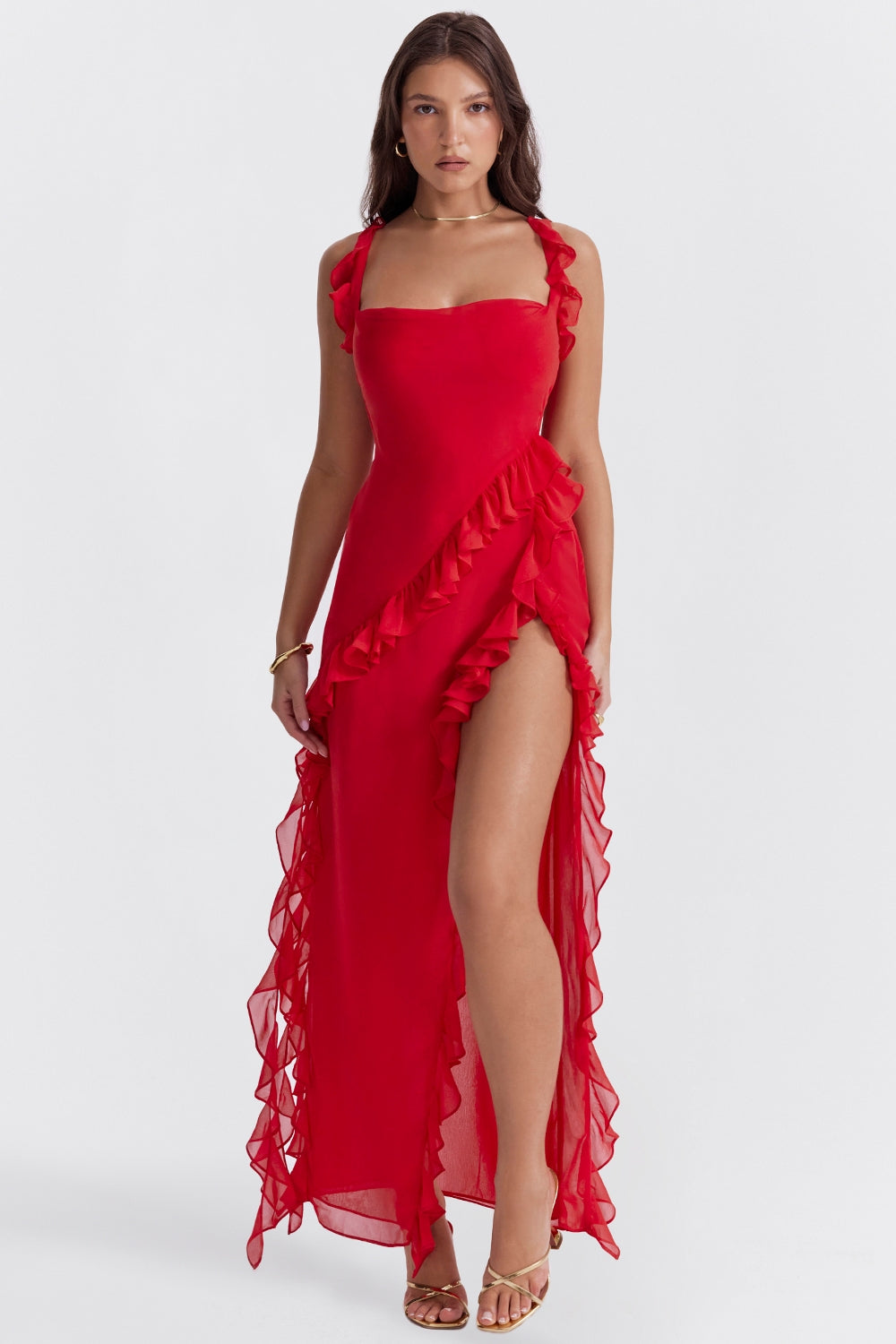Dalia | Ruffle Trim Sleeveless High Slit Maxi Dress