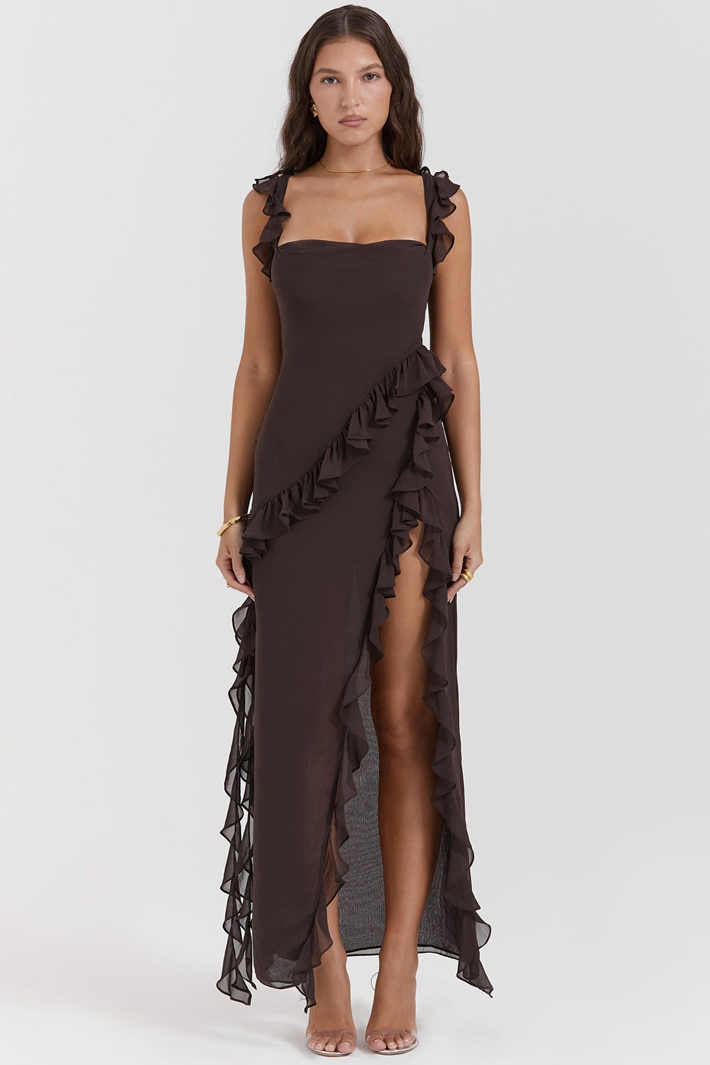 Dalia | Ruffle Trim Sleeveless High Slit Maxi Dress