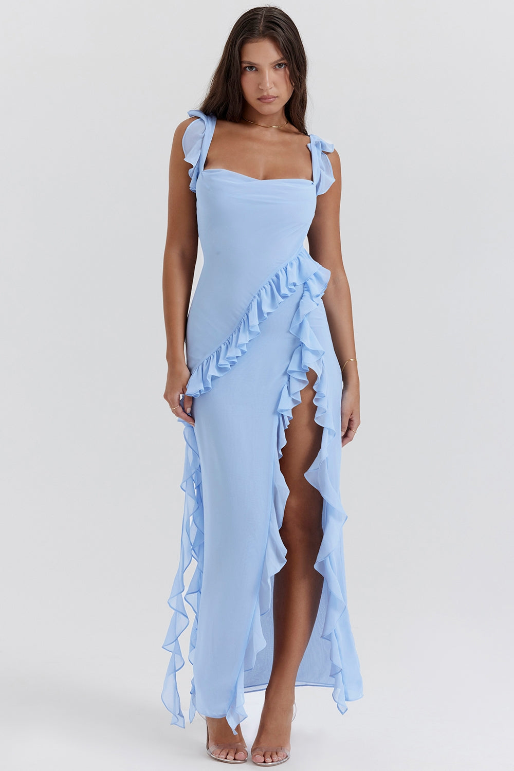 Dalia | Ruffle Trim Sleeveless High Slit Maxi Dress