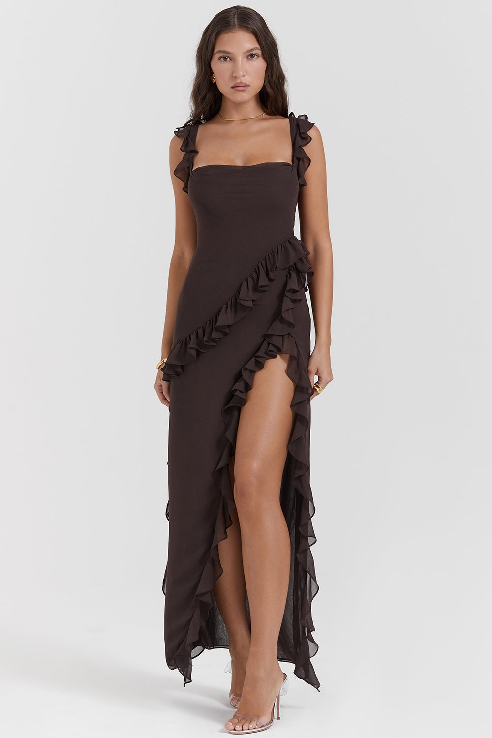 Dalia | Ruffle Trim Sleeveless High Slit Maxi Dress