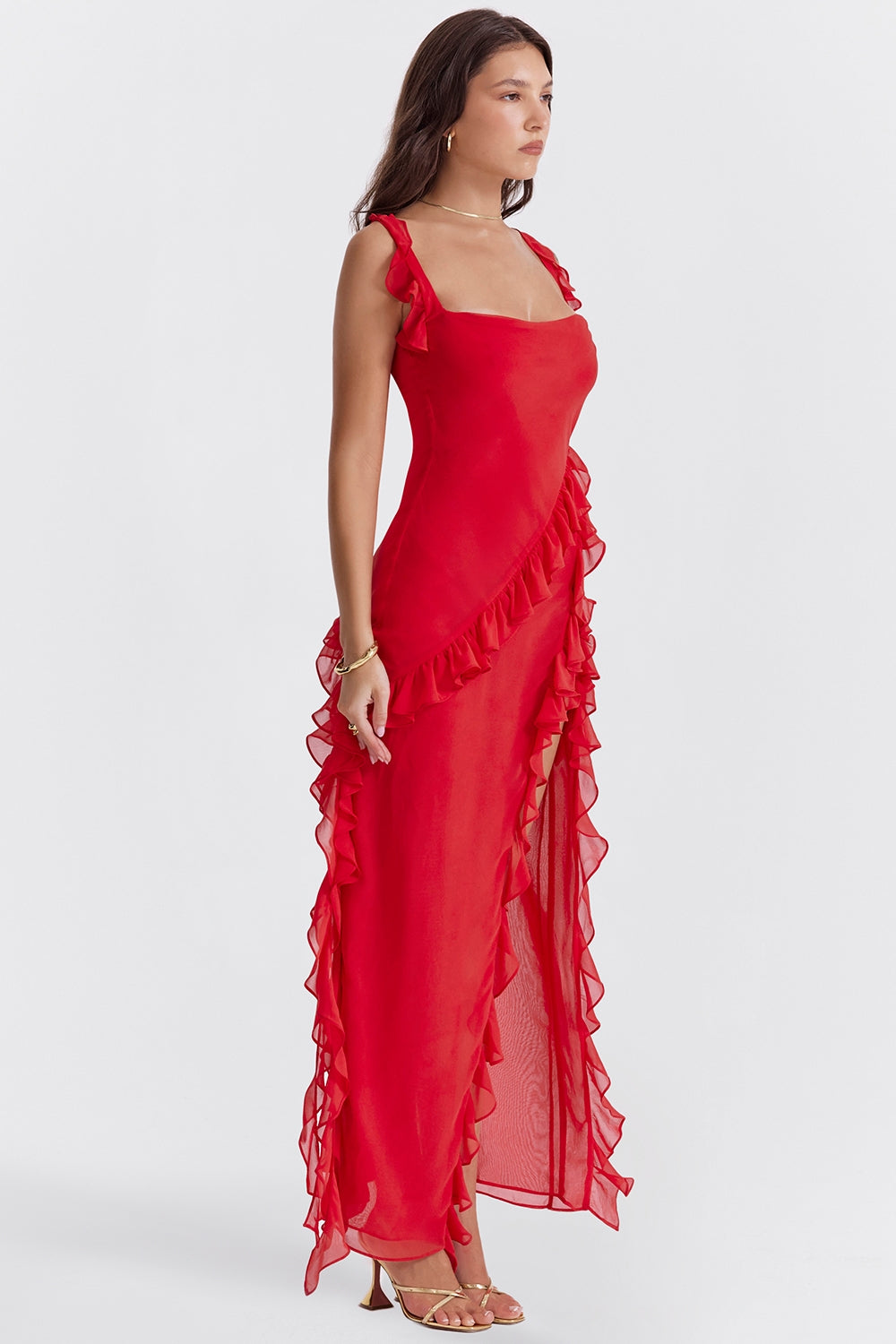 Dalia | Ruffle Trim Sleeveless High Slit Maxi Dress