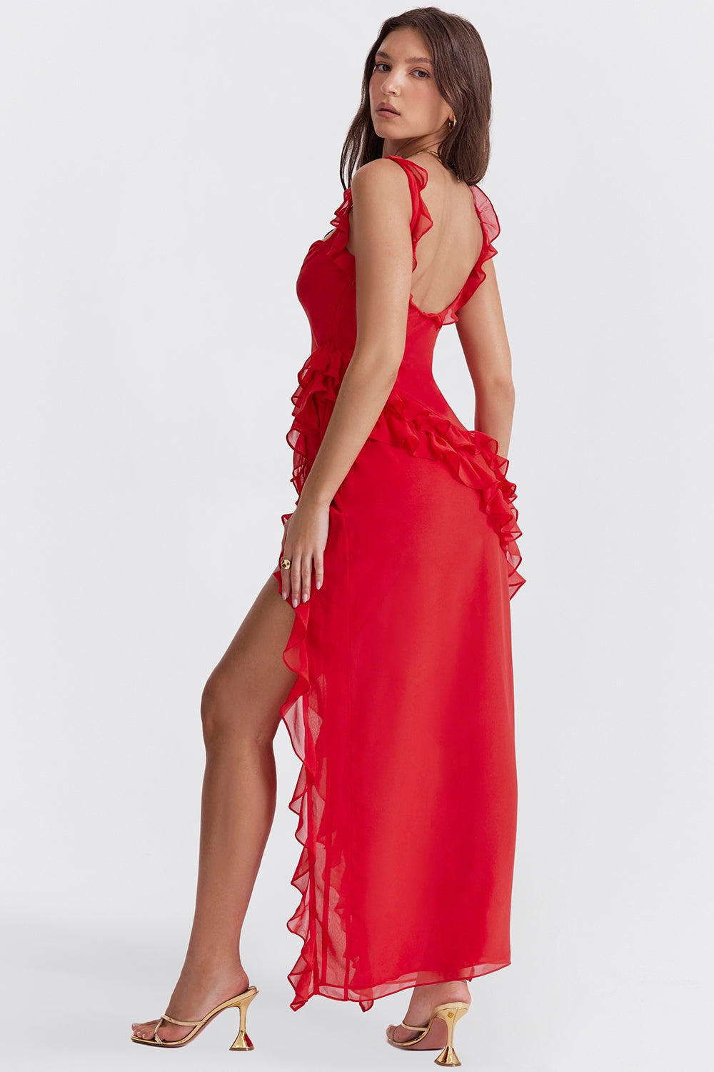 Dalia | Ruffle Trim Sleeveless High Slit Maxi Dress
