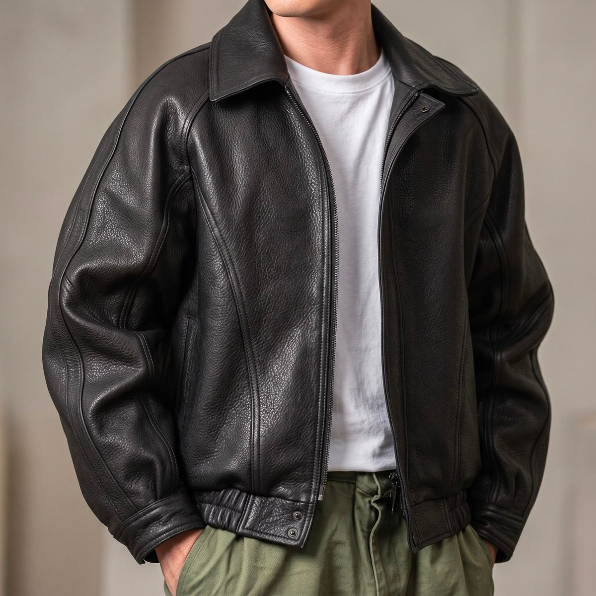 Prismglide | Leather Zip Jacket with Structured Collar