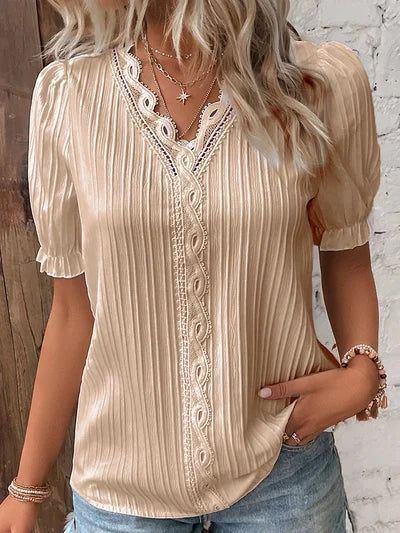 Madelen | V Neck Lace Trim Pleated Blouse