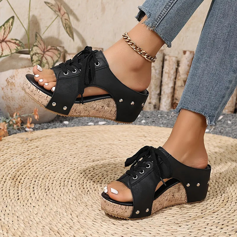 Nadiu | Wedge Slide Sandals with Lace Front
