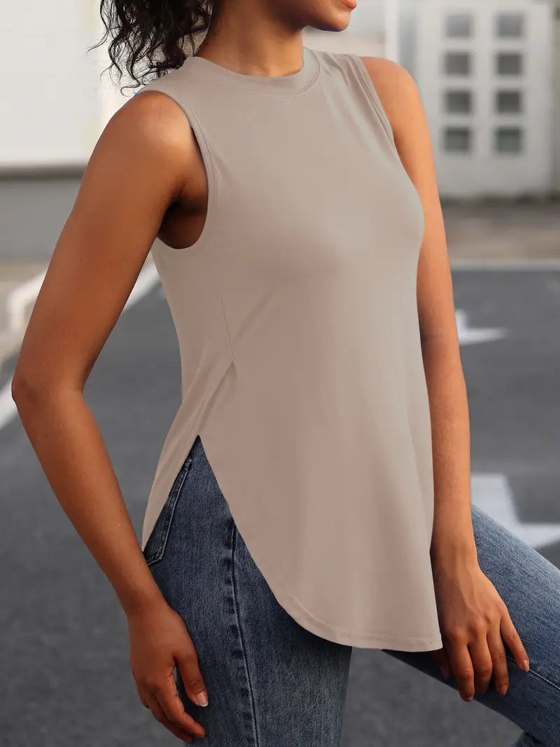 Desirae | Solid Sleeveless Crew Neck Tunic Top