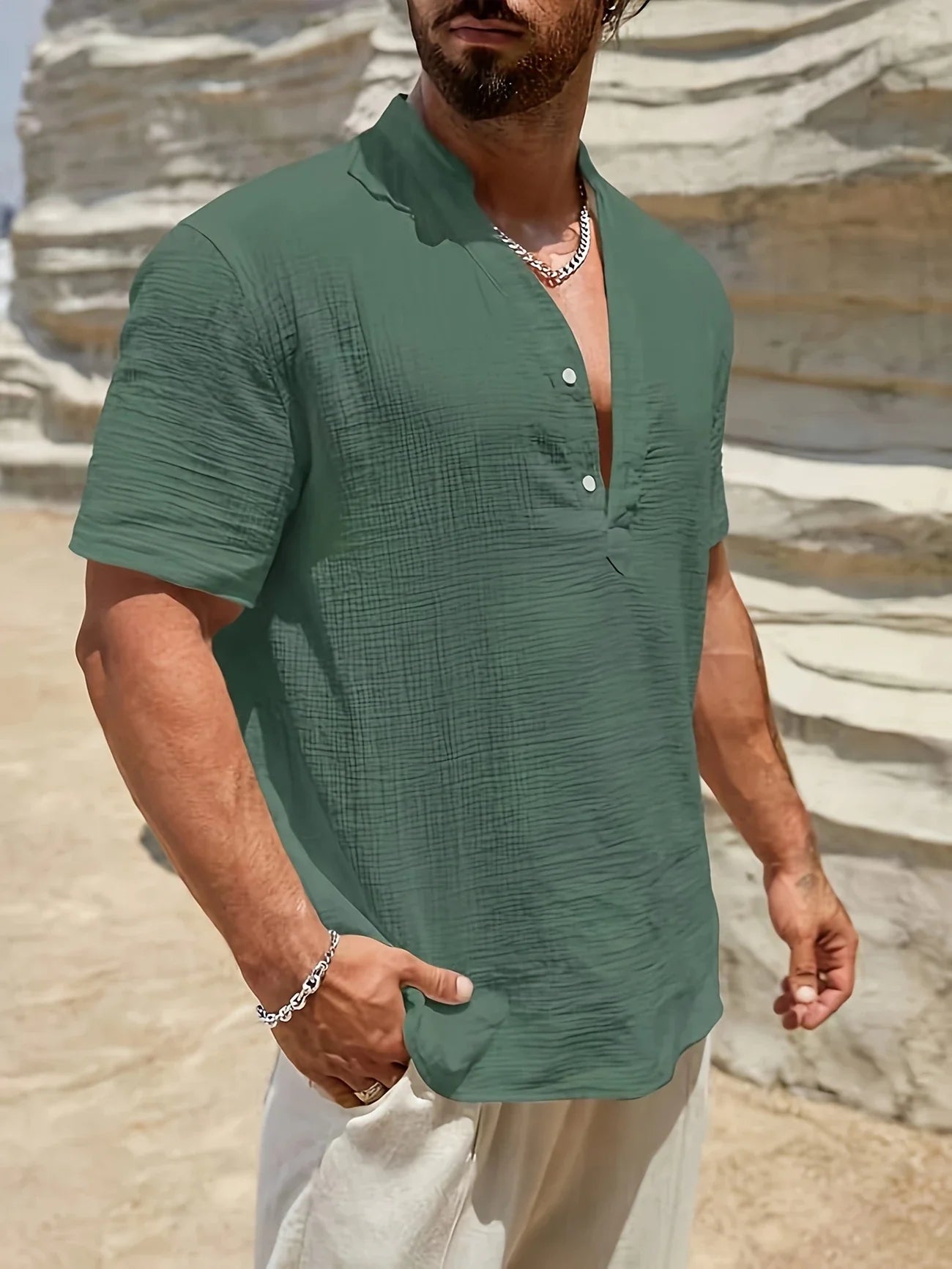 Sancho | Short Sleeve Stand Collar Henley Shirt
