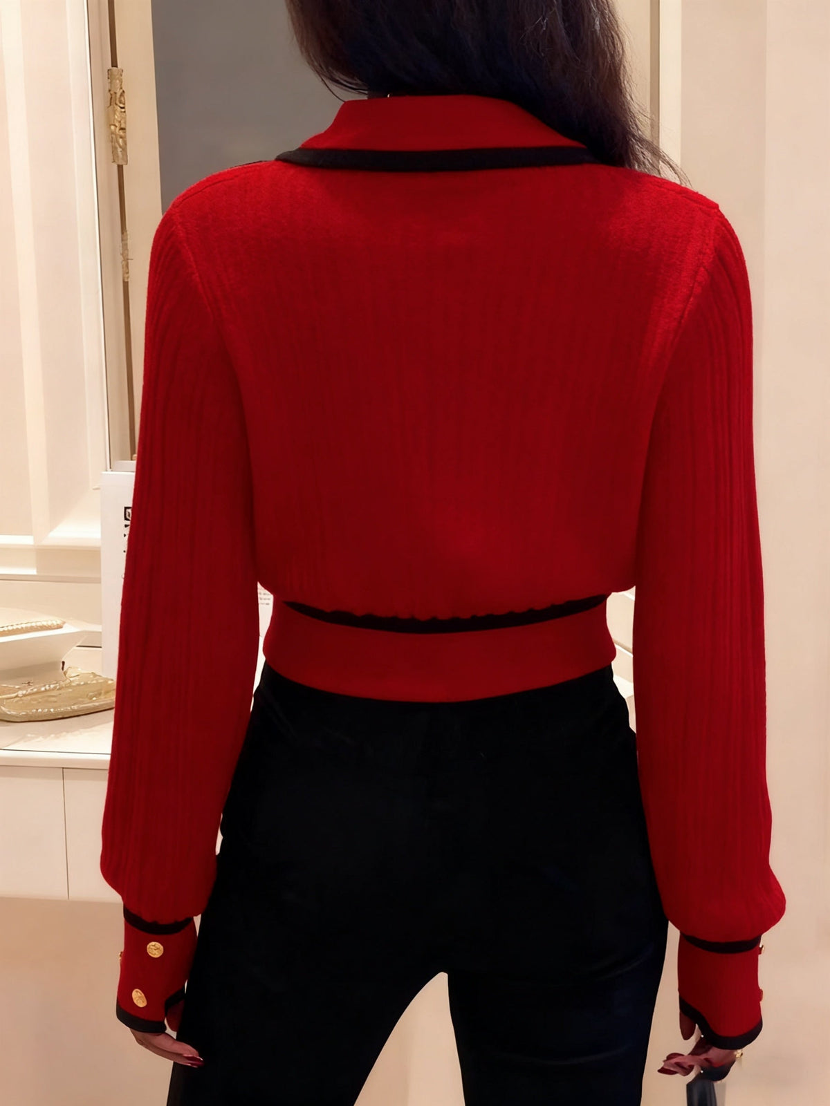 Roweina | Long Sleeve Contrast Trim Button Sweater