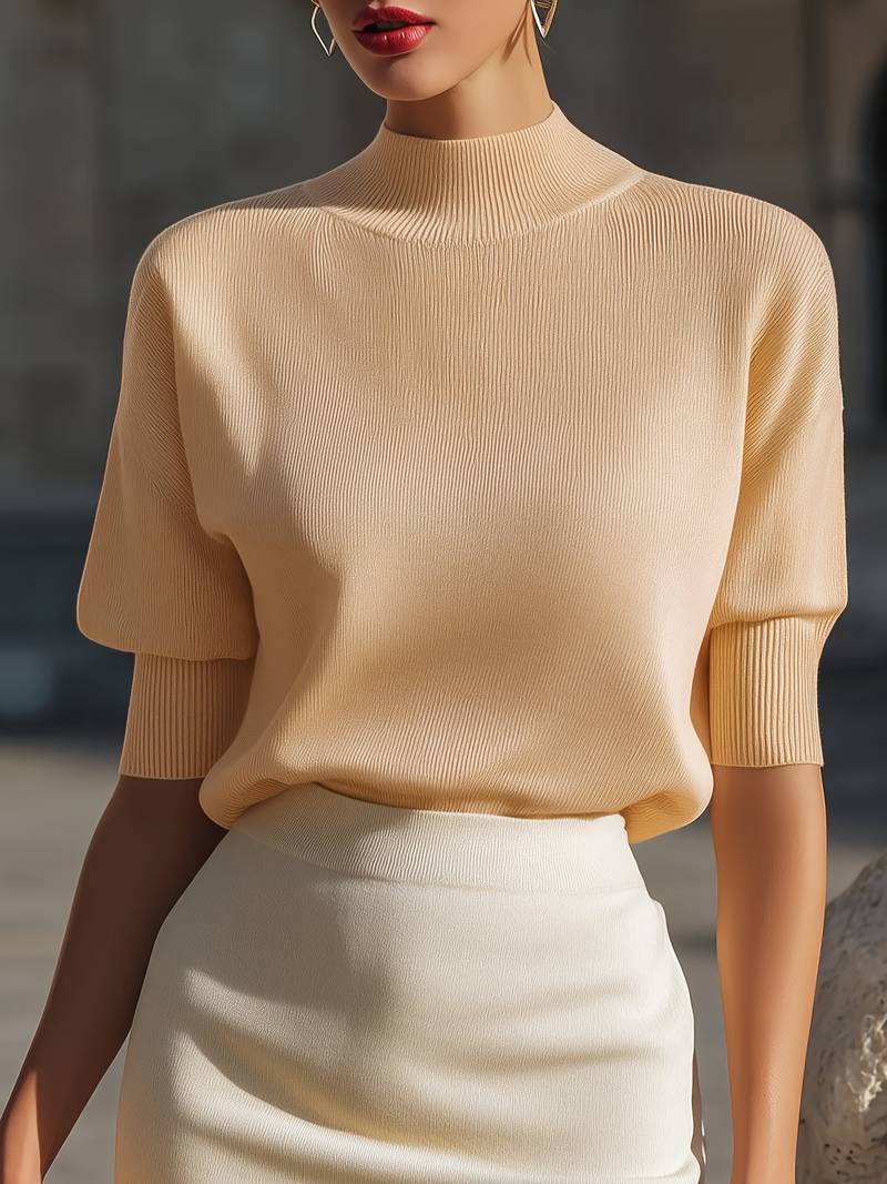 Jenni | Mock Neck Ribbed Short Sleeve Knit Top