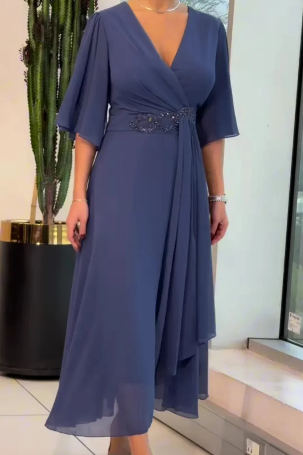Bhagya - V Neck Flutter Sleeve Chiffon Dress