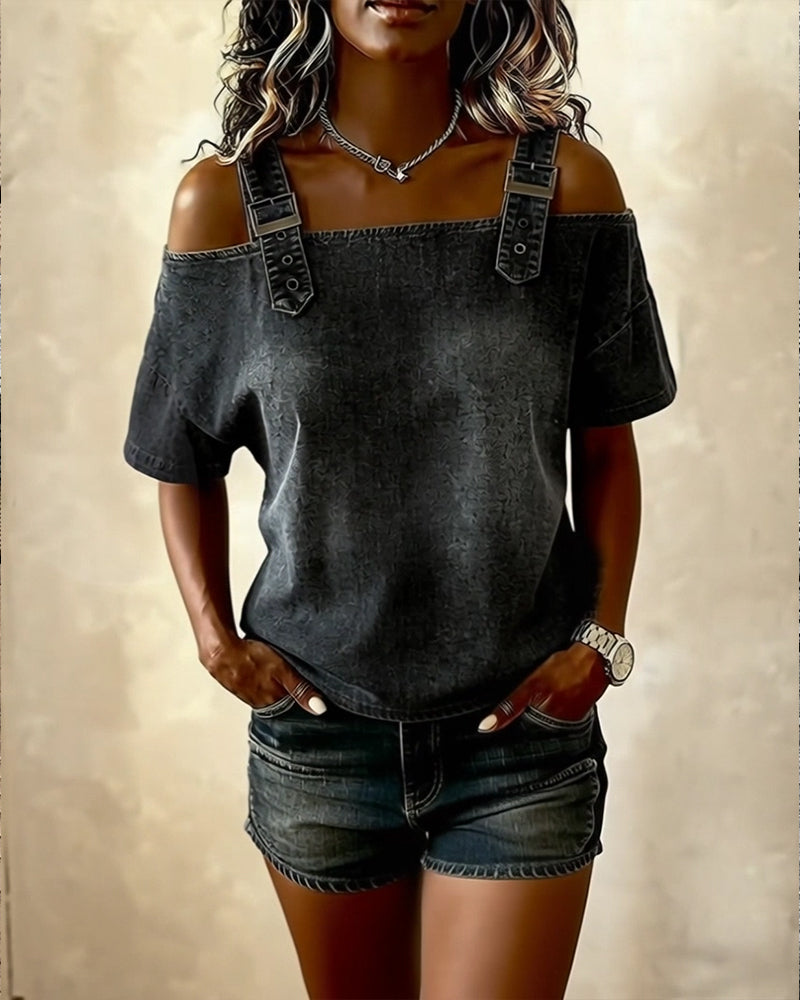 Yamara | Denim-Style Cold Shoulder Strap Top
