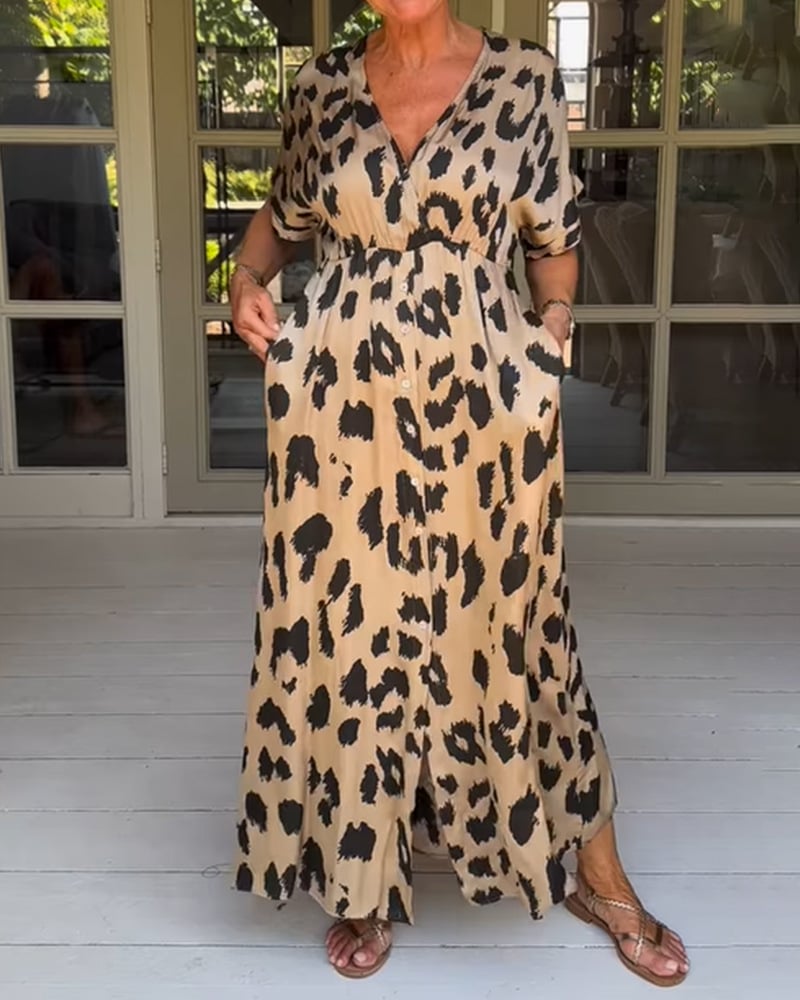 Kawtar | Maxi Dress Leopard Print V Neck