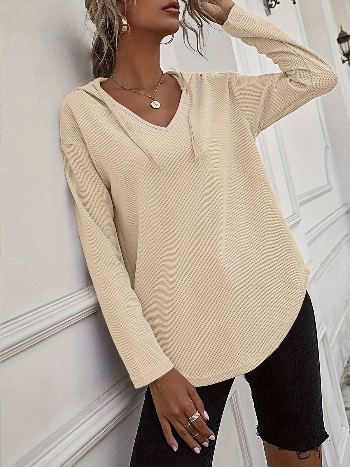 Laurette | Long Sleeve V-Neck Hoodie with Hood