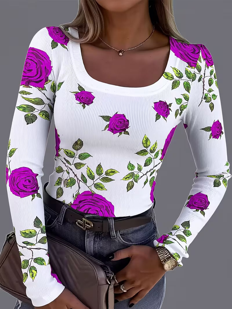 Rabiye | Long Sleeve Floral Print Ribbed Top