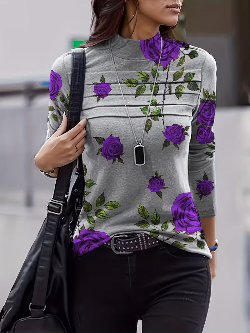 Gwenine | Floral Print Mock Neck Long Sleeve Top