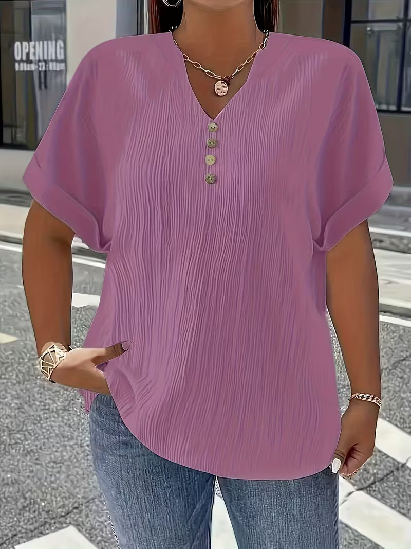Mrella | T-Shirt with V-Neck Button Front Texture