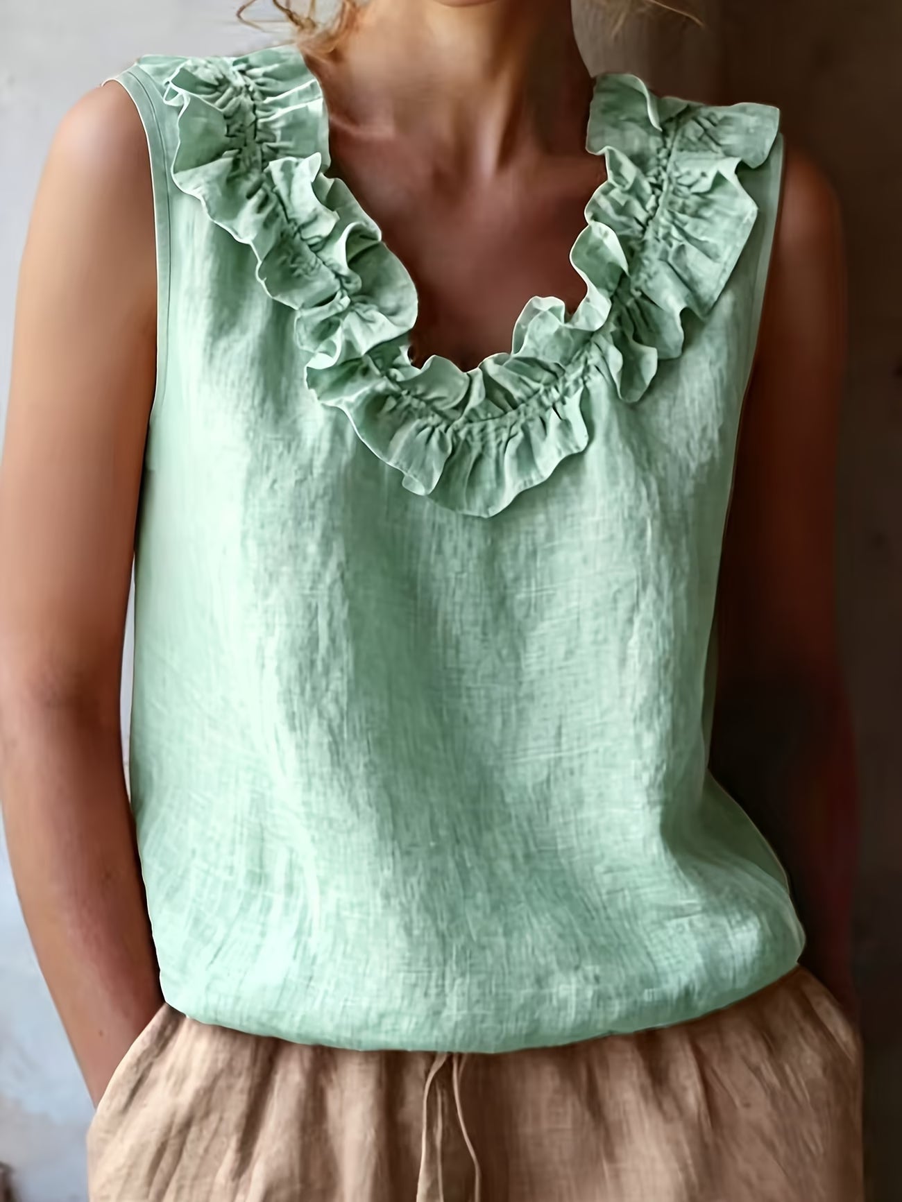 Safiya | Sleeveless Ruffle Neck Loose Blouse