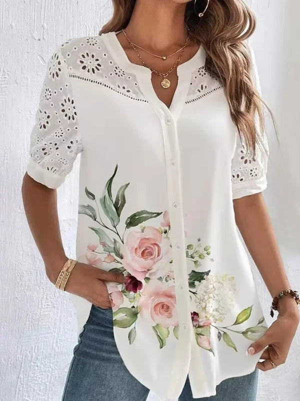 Zoila | Floral Print Eyelet Sleeve Button Blouse