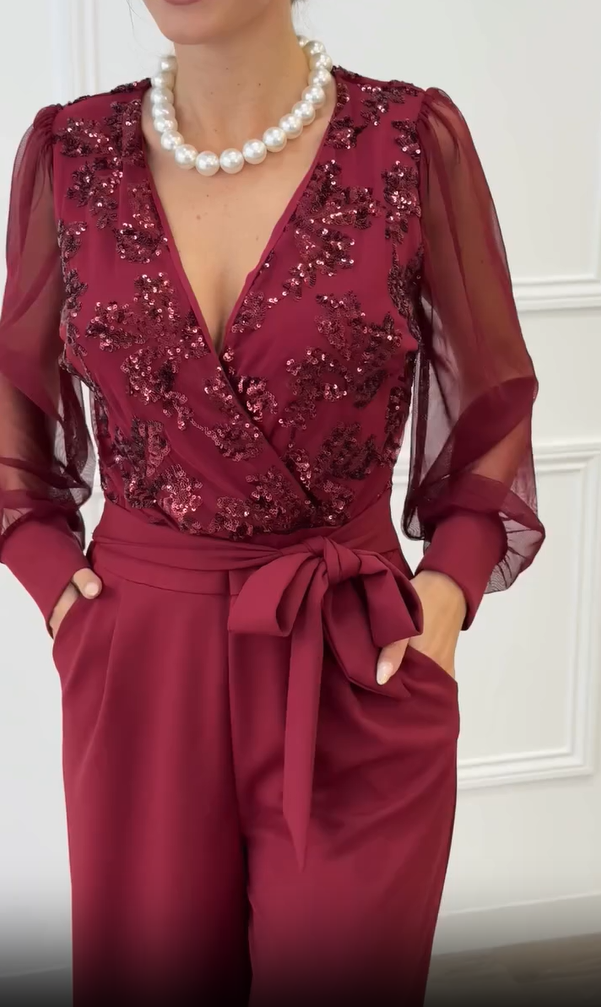 Meira - Embellished Mesh Sleeve Wide Leg Jumpsuit