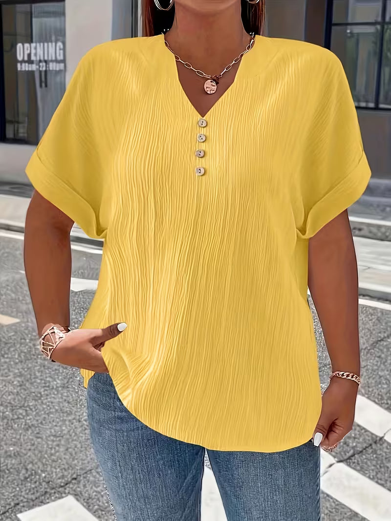 Mrella | T-Shirt with V-Neck Button Front Texture