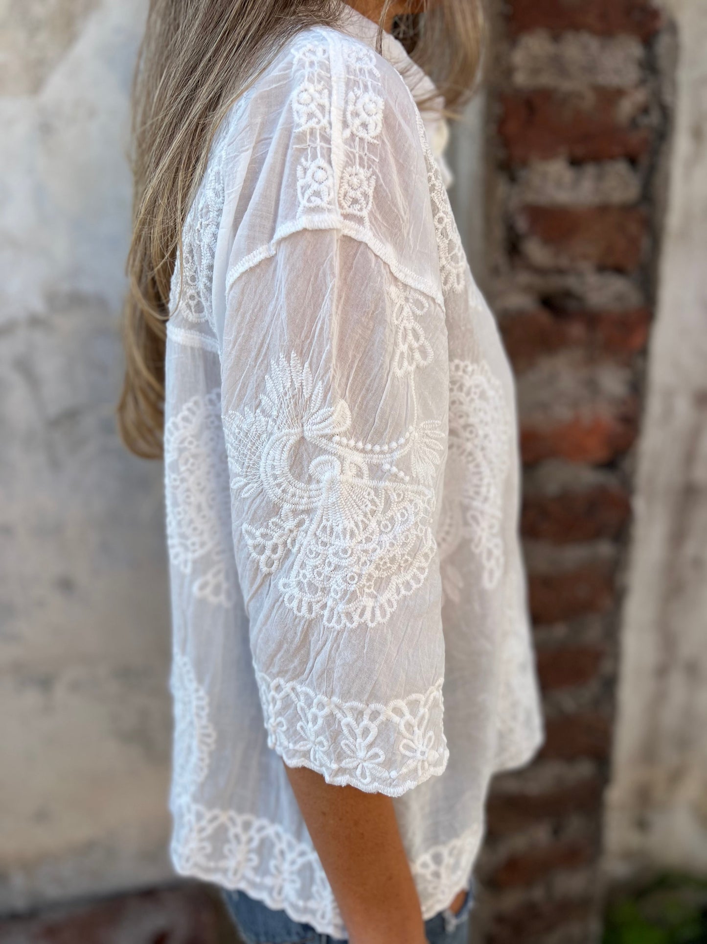 Nalini | White Lace Embroidered Button Front Blouse
