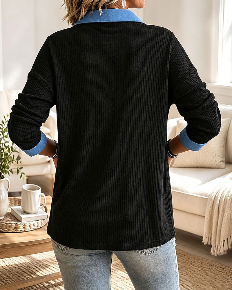 Klishina | Ribbed Knit Polo Top Long Sleeve