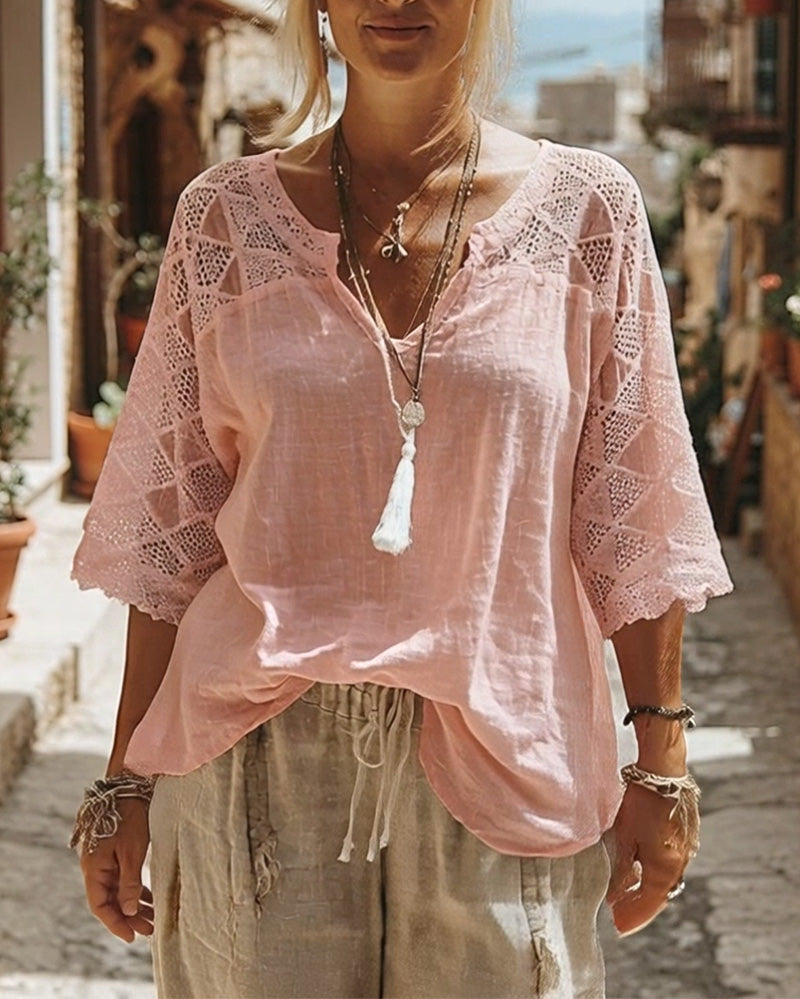 Essien - V Neck Lace Sleeve Loose Fit Blouse