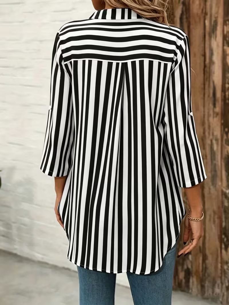 Elysis | V-neck Striped Loose Top with Adjustable Sleeves