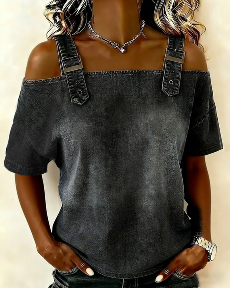 Yamara | Denim-Style Cold Shoulder Strap Top
