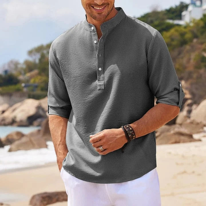 Tjeerd | Textured Henley Stand Collar Shirt