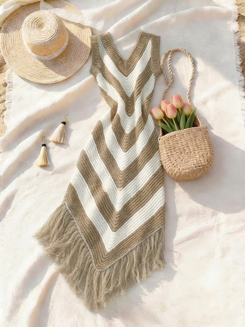 Foley | Sleeveless Chevron V-Neck Knitted Dress