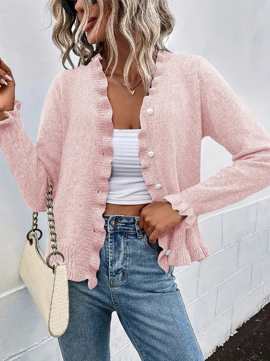 Hanifa | Ruffle Trim Button Knit Cardigan