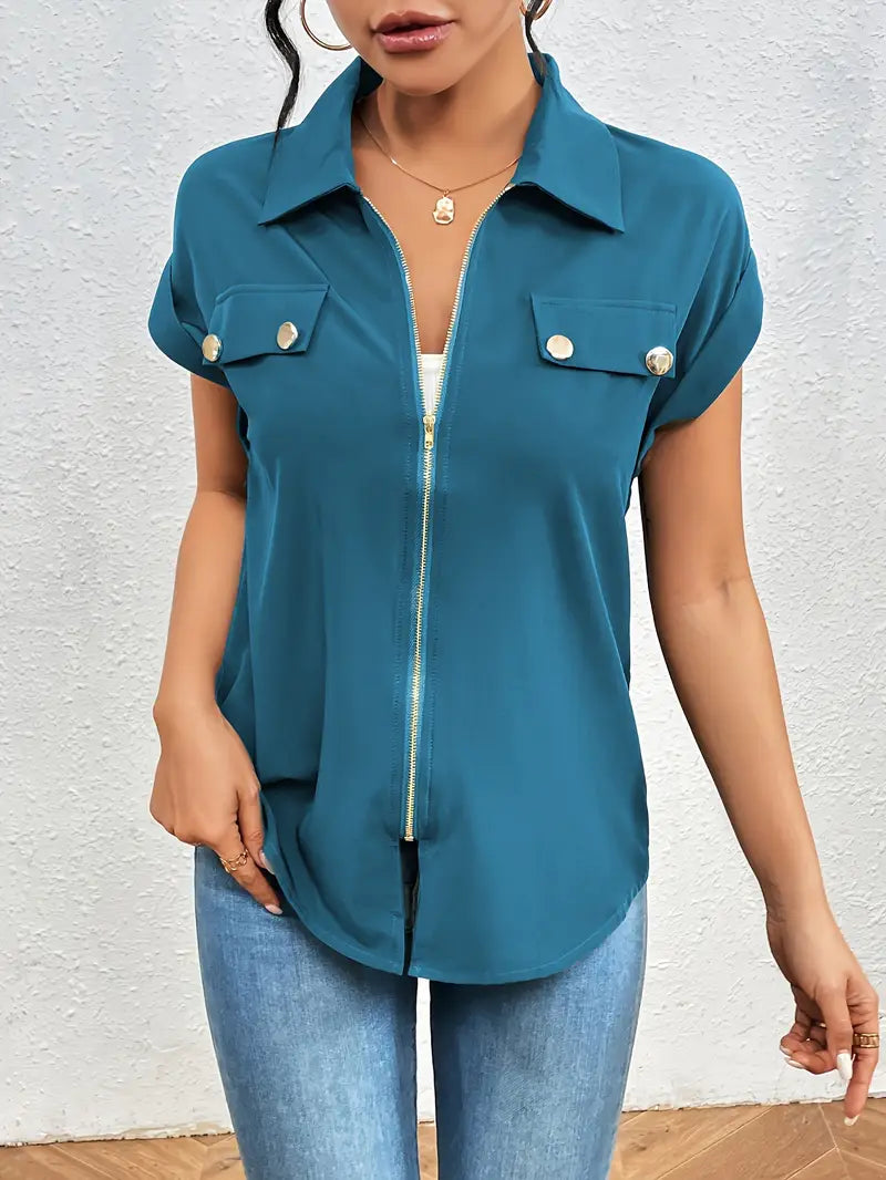 Alfano | Zip Front Collared Short Sleeve Blouse