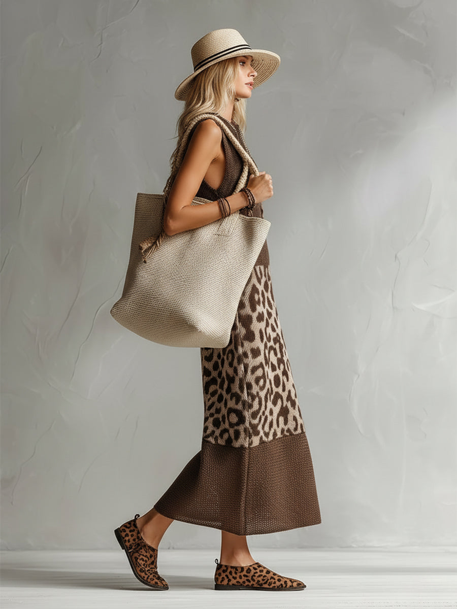 Ameliae | Sleeveless Leopard Print Knit Midi Dress